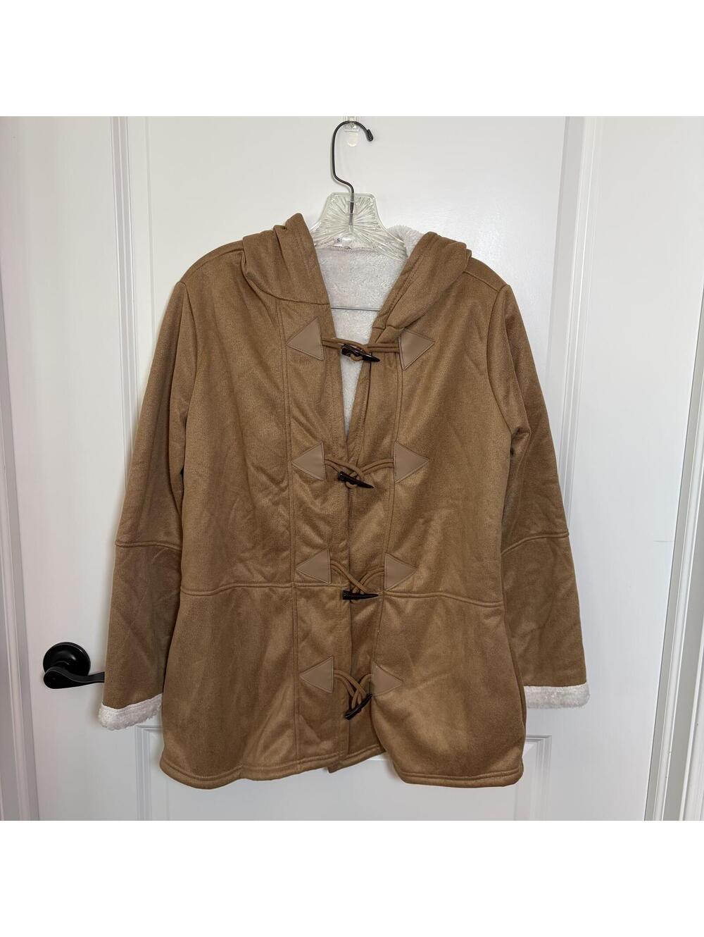 Tan Faux Suede Hooded Toggle Jacket Sherpa Lined